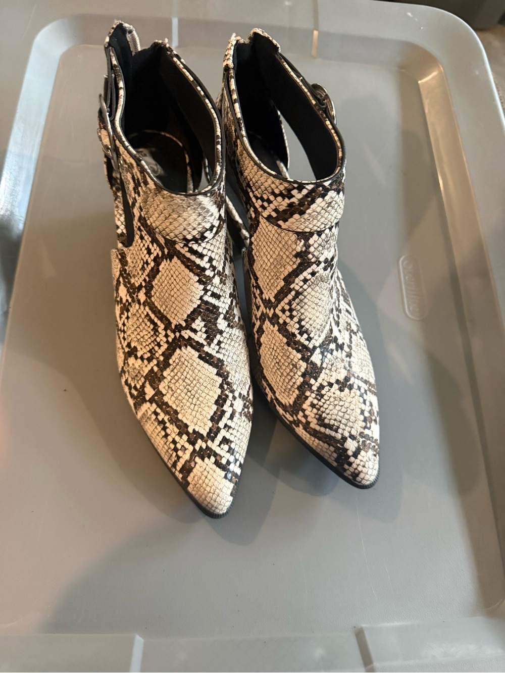 Snake-Print Pointed Toe Ankle Boots - Black & White